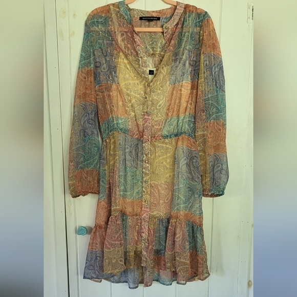 Boston Proper Patchwork Paisley Button-front Longsleeve Dress - Picture 1 of 12